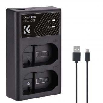 K&F CONCEPT EN-EL15/EN-EL15a/EN-EL15b Chargeur rapide à double emplacement, micro USB et double interface de type C compatible avec Batteries Nikon D7000, D7100, D7200, D750, D850, D810, D800, D800E, D750, D610, D600, D500, Z6, Z7, V1, Cable USB