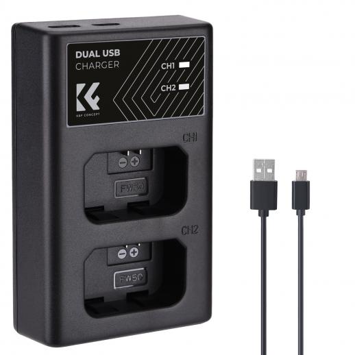 K&F Concept NP-FW50 Quick Dual Battery Charger with Micro USB & Type-C Port, for Sony A5100, A5000, A3000, A55,RX10, NEX-3/5/7, etc.