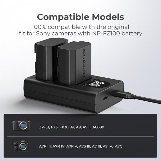 K&F CONCEPT NP-FZ100 Batería para cámara con puerto de carga directa tipo C  compatible con cámaras Sony A9 A7III A7RIII A7RIV A6600 ZV-E1 FX3, FX30 (2  baterías) - K&F Concept