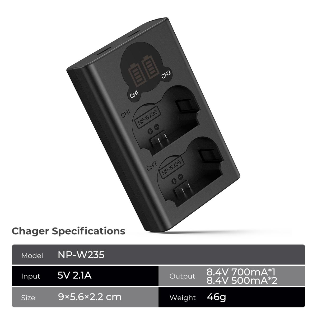 Ładowarka K&F Concept NP-W235 z ekranem LCD, złączem Micro USB i ładowarką typu C do aparatów Fujifilm X-T5, X-T4, GFX 100S, X-H2S, GFX 50S II, VG-XT4