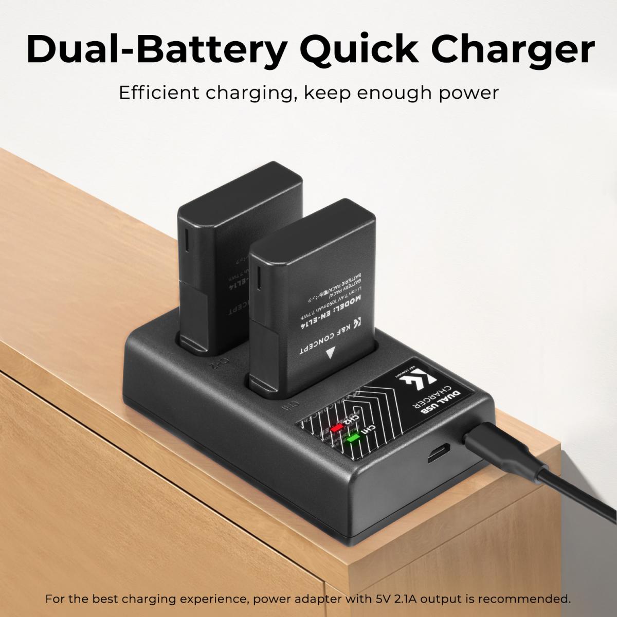 K&F CONCEPT EN-EL14 Kamera Batteriladdare Set för Nikon D3500 D5600 D3200 D3300 D3400 D5500 Coolpix P7800 P7700 P7200 P7100 P7000 (2 delar, 1050mAh, dubbla)