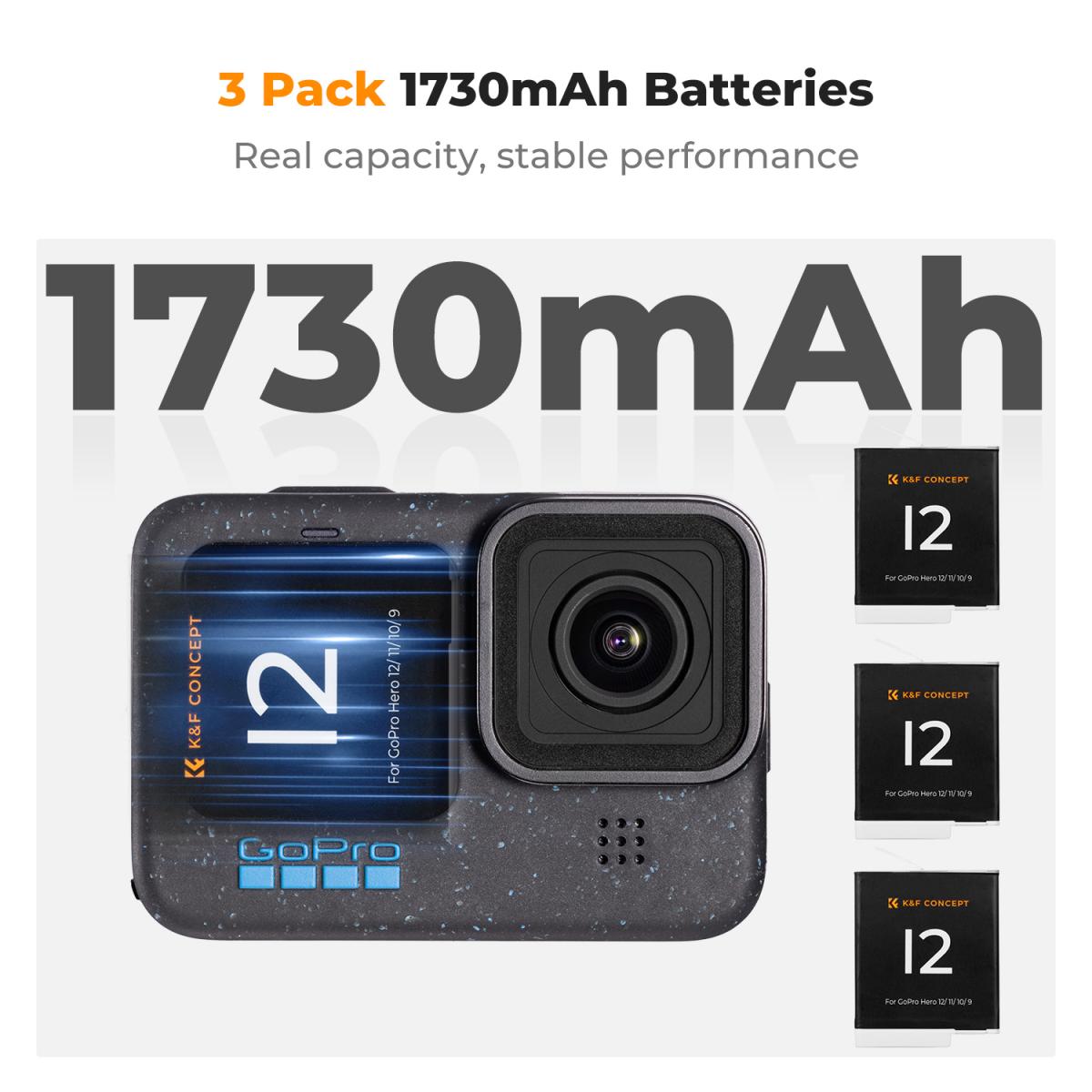 K&F Concept Hero 12 Batteria 3-Pack 1730mAh Enduro Batterie con Caricabatterie a 3 Slot Compatibile con GoPro Hero 12, GoPro Hero 11, GoPro Hero 10, GoPro Hero 9 Black Camera