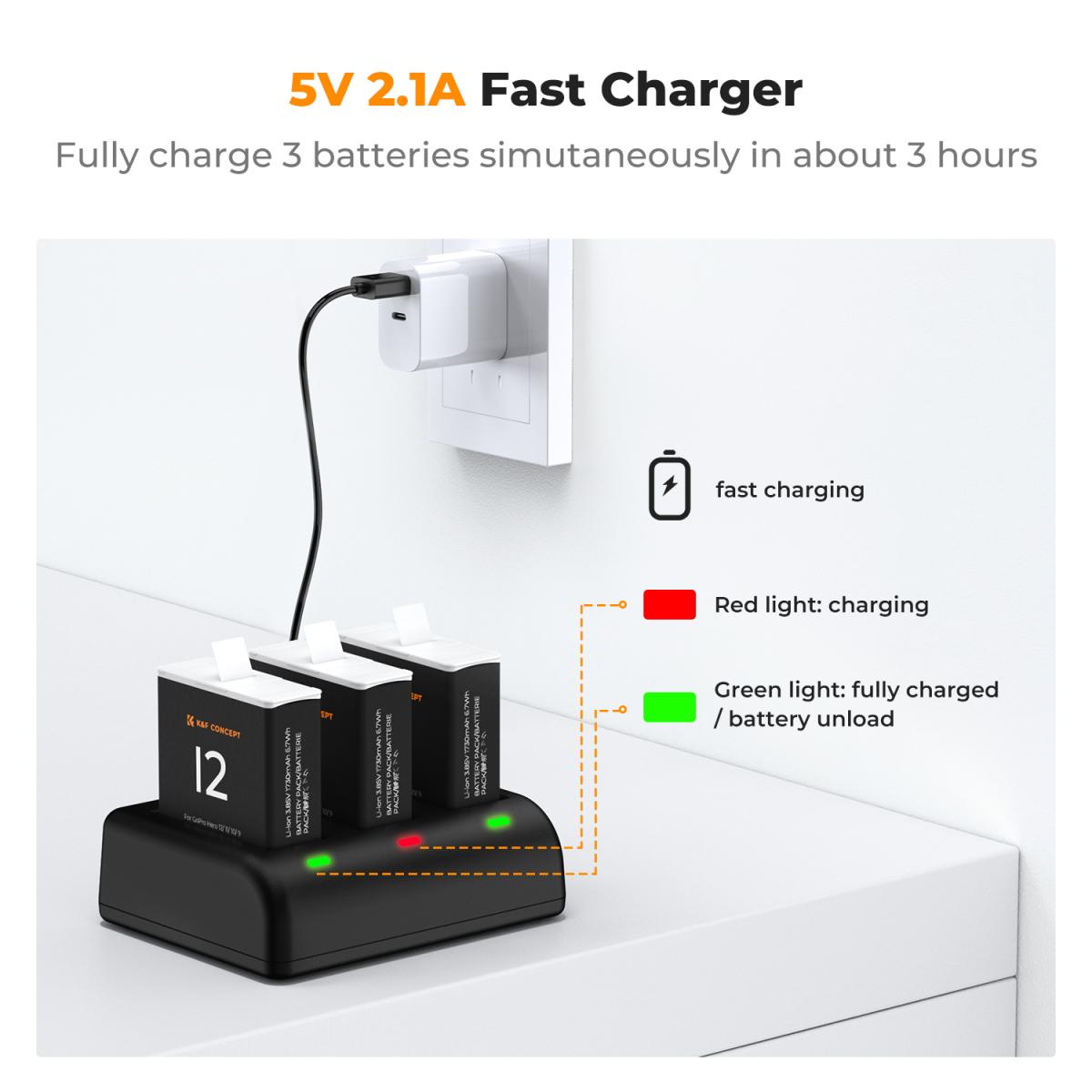 K&F Concept Hero 12 Batteria 3-Pack 1730mAh Enduro Batterie con Caricabatterie a 3 Slot Compatibile con GoPro Hero 12, GoPro Hero 11, GoPro Hero 10, GoPro Hero 9 Black Camera