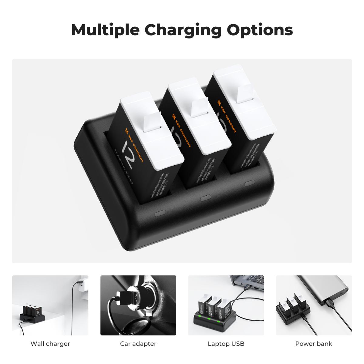 K&F Concept Hero 12 Batteria 3-Pack 1730mAh Enduro Batterie con Caricabatterie a 3 Slot Compatibile con GoPro Hero 12, GoPro Hero 11, GoPro Hero 10, GoPro Hero 9 Black Camera