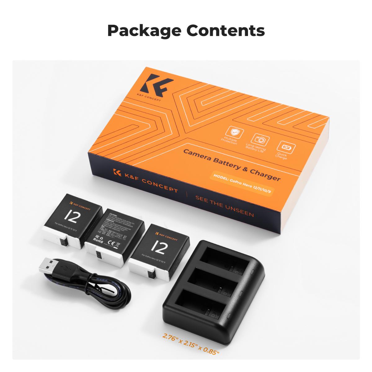 K&F Concept Hero 12 Batteria 3-Pack 1730mAh Enduro Batterie con Caricabatterie a 3 Slot Compatibile con GoPro Hero 12, GoPro Hero 11, GoPro Hero 10, GoPro Hero 9 Black Camera