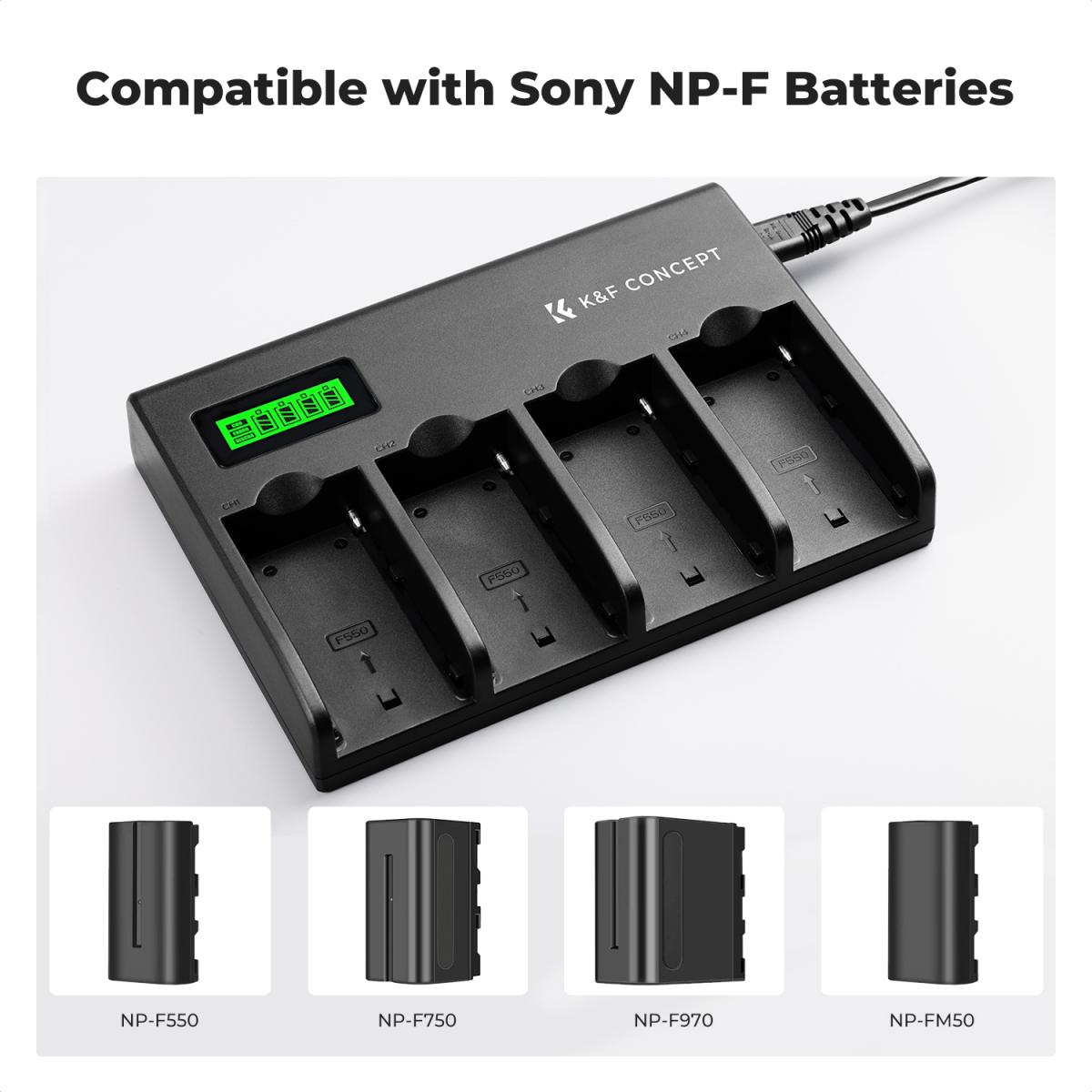 K&F Concept 4-kanals NP-F batteriladdare med LCD-skärm för Sony NP-F970, NP-F960, NP-F950, NP-F930, NP-F770, NP-F750, NP-F570, NP-F550 Camera Camcorder Battery UK Plugg
