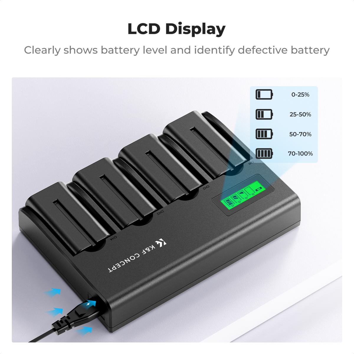 K&F Concept 4-kanals NP-F batteriladdare med LCD-skärm för Sony NP-F970, NP-F960, NP-F950, NP-F930, NP-F770, NP-F750, NP-F570, NP-F550 Camera Camcorder Battery UK Plugg