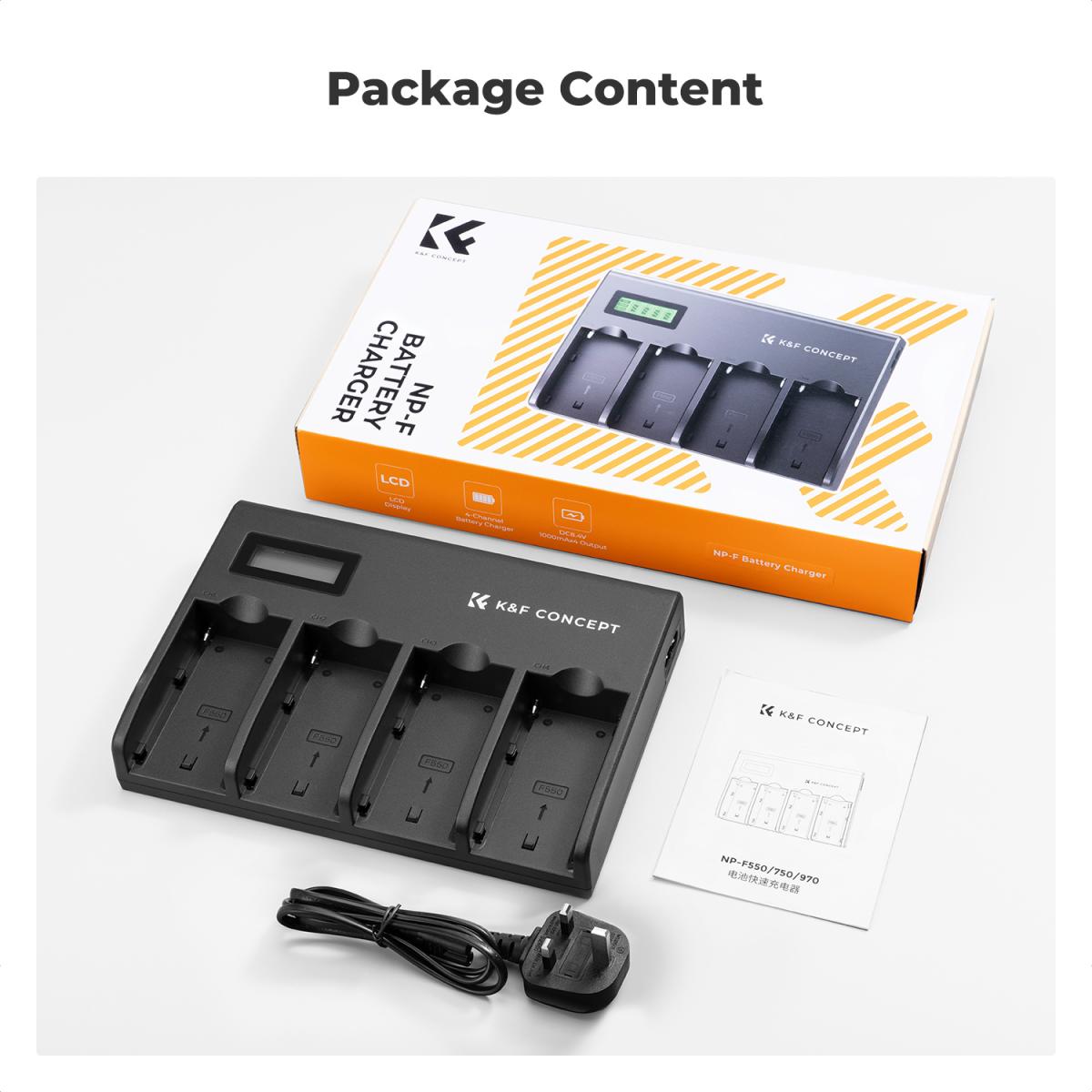 K&F Concept 4-kanals NP-F batteriladdare med LCD-skärm för Sony NP-F970, NP-F960, NP-F950, NP-F930, NP-F770, NP-F750, NP-F570, NP-F550 Camera Camcorder Battery UK Plugg