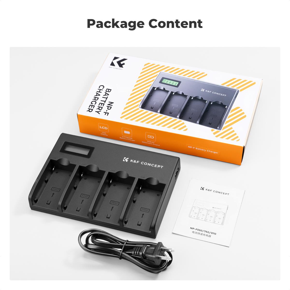 K&F Concept 4-kanals NP-F batteriladdare med LCD-skärm för Sony NP-F970, NP-F960, NP-F950, NP-F930, NP-F770, NP-F750, NP-F570, NP-F550 Camera Camcorder Battery US Plugg