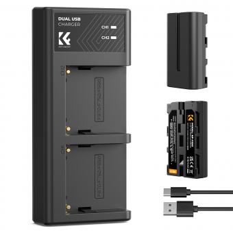 K&F Concept NP-F550 Lot de 2 batteries de rechange 2600 mAh avec chargeur à double fente, compatibles avec les batteries Sony NP-F550, F570, F750, F770, F930, F950, F960, F970, lumières LED, moniteurs, curseurs