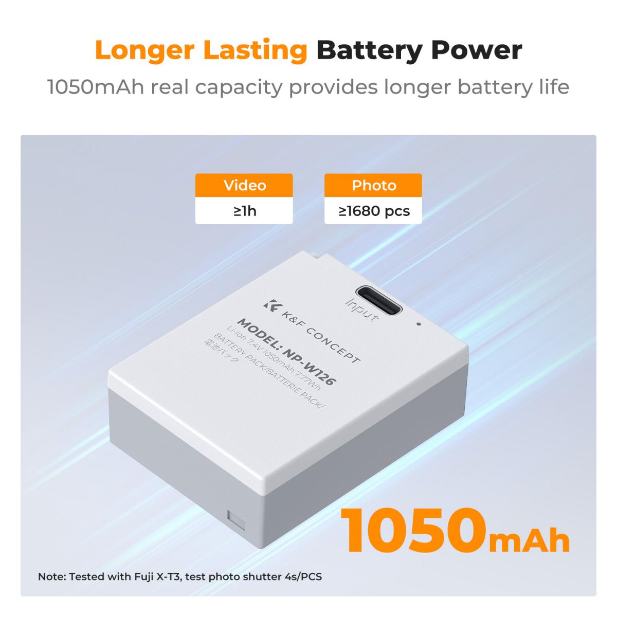 K&F Concept 2-Pack NP-W126 NP-W126S Battery with USB C Fast Charging for Fujifilm X100VI, X100V, XS10, XT30, XT30 II, XT20, XE4, A5 Cameras