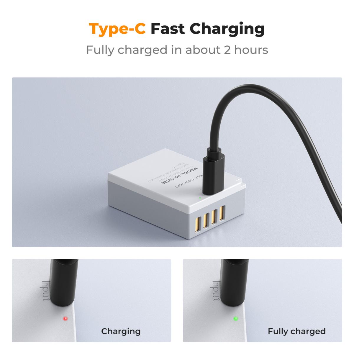 K&F Concept 2-Pack NP-W126 NP-W126S Battery with USB C Fast Charging for Fujifilm X100VI, X100V, XS10, XT30, XT30 II, XT20, XE4, A5 Cameras