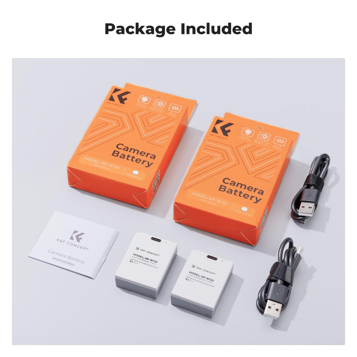 K&F Concept 2-Pack NP-W126 NP-W126S Battery with USB C Fast Charging for Fujifilm X100VI, X100V, XS10, XT30, XT30 II, XT20, XE4, A5 Cameras