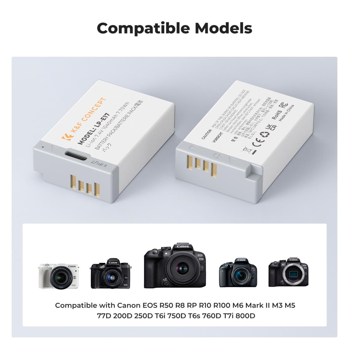 K&F Concept 2-Pack LP-E17 Bateria z USB C Szybkie ładowanie do Canon EOS R10, R8, R50, Rebel T8i, T7i, T6i, T6s, SL2, SL3, EOS M3, M5, M6, EOS 200D, 77D, 750D, 760D, 800D, 8000D