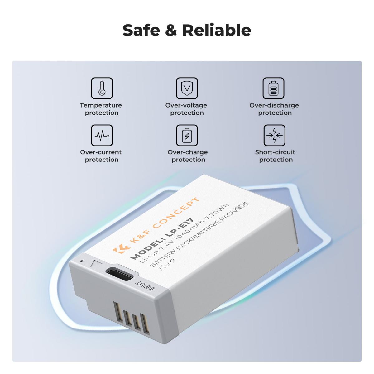K&F Concept 2-Pack LP-E17 Bateria z USB C Szybkie ładowanie do Canon EOS R10, R8, R50, Rebel T8i, T7i, T6i, T6s, SL2, SL3, EOS M3, M5, M6, EOS 200D, 77D, 750D, 760D, 800D, 8000D