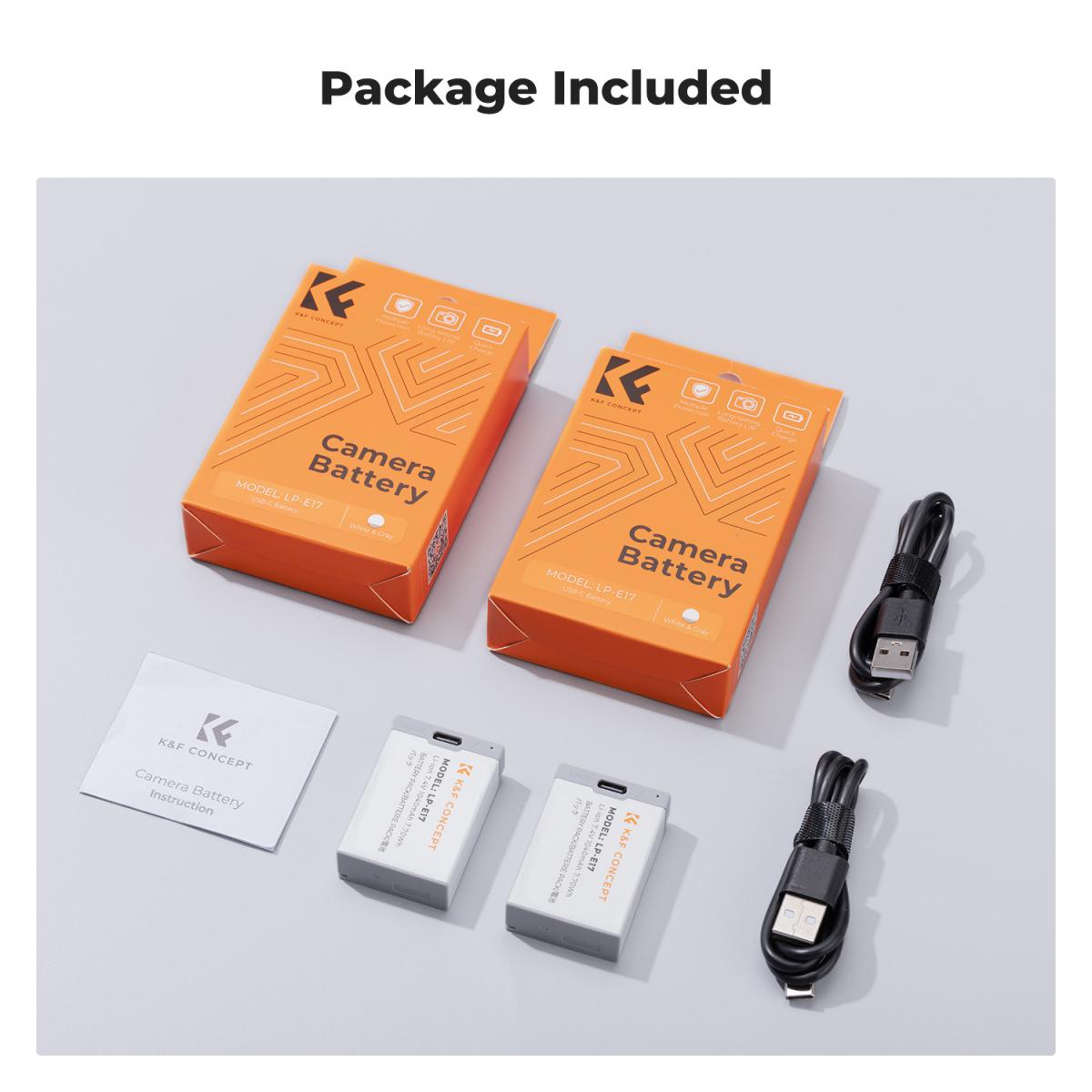 K&F Concept 2-Pack LP-E17 Bateria z USB C Szybkie ładowanie do Canon EOS R10, R8, R50, Rebel T8i, T7i, T6i, T6s, SL2, SL3, EOS M3, M5, M6, EOS 200D, 77D, 750D, 760D, 800D, 8000D