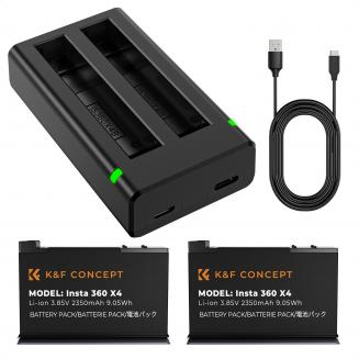 K&F Concept Insta 360 X4 Bateria i ładowarka, zestaw 2 sztuk Bateria 2350 mAh X4 i podwójna szybka ładowarka LED do akcesoriów Insta 360 X4