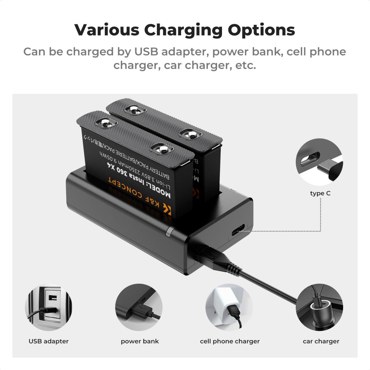 K&F Concept Insta 360 X4 Bateria i ładowarka, zestaw 2 sztuk Bateria 2350 mAh X4 i podwójna szybka ładowarka LED do akcesoriów Insta 360 X4