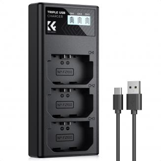 K&F CONCEPT NP-FZ100 Caricatore a 3 slot con LED, doppia porta Micro USB e Type-C, compatibile con Sony Alpha A7 III, A7R III, A9, a6600, a7R IV, Alpha a9 II Caricatore con cavo dati USB