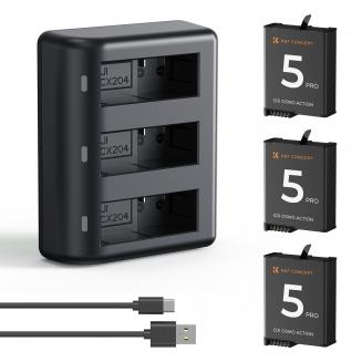Chargeur de batterie K&F Concept pour Osmo Action 5 Pro/4/3, pack de 3 batteries 2100 mAh Action 5 Pro et chargeur rapide 3 emplacements, compatible avec DJI OSMO Action 5 Pro, Osmo Action 4 et Osmo Action 3