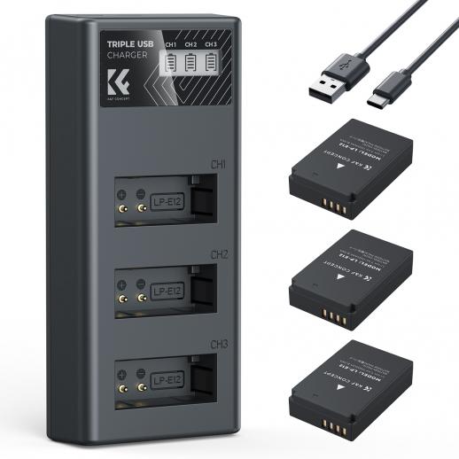 K&F Concept Canon LP-E12 Kamera-Akku 1100mAh, Dreifach-Power, Dreifach-Slot LCD-Ladegerät-Kit, Kompatibel mit Canon EOS M, M2, M10, M50, M50 Mark II, M1 M100, M200, PowerShot SX70 HS, Rebel SL1