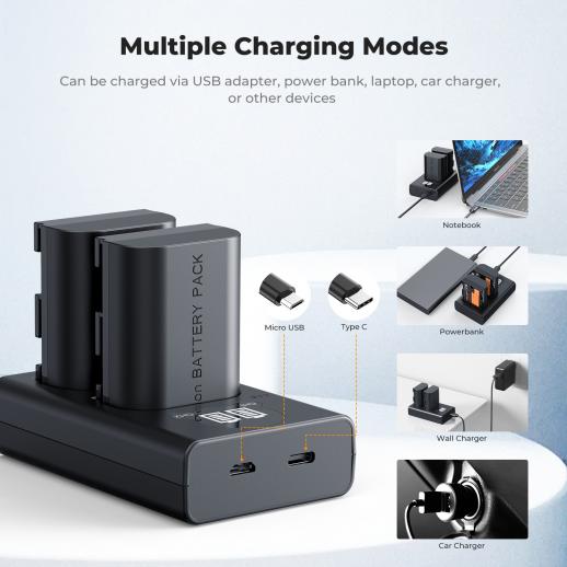 K&F Concept LP-E6NH (2 pezzi) 2600mAh e caricatore LCD a 2 slot, Aggiornamento, Compatibile con Canon EOS R5, R6, EOS R, 5D Mark IV, 5D Mark III, 5DS, 5DS R, 5D Mark II, 6D, 6D Mark II, 7D, 7D Mark II