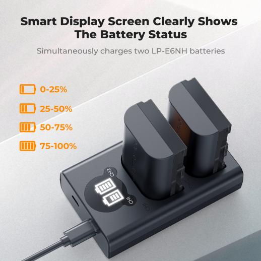 K&F Concept LP-E6NH (2 pezzi) 2600mAh e caricatore LCD a 2 slot, Aggiornamento, Compatibile con Canon EOS R5, R6, EOS R, 5D Mark IV, 5D Mark III, 5DS, 5DS R, 5D Mark II, 6D, 6D Mark II, 7D, 7D Mark II