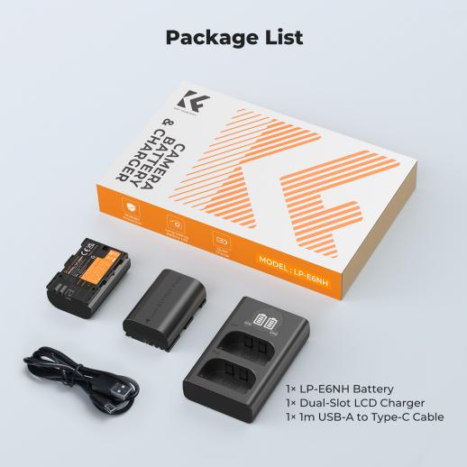 K&F Concept LP-E6NH (2 pezzi) 2600mAh e caricatore LCD a 2 slot, Aggiornamento, Compatibile con Canon EOS R5, R6, EOS R, 5D Mark IV, 5D Mark III, 5DS, 5DS R, 5D Mark II, 6D, 6D Mark II, 7D, 7D Mark II