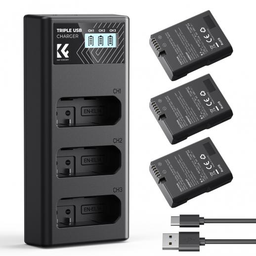 Kit de 3 Batteries EN-EL14 (1050 mAh)  + Chargeur LCD pour Nikon D3100, D3200, D3300, D3400, D3500, D5100, D5200, D5300, D5500, D5600, Coolpix P7000, P7100, P7700, P7800