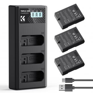 K&F Concept EN-EL14 (3 pezzi) 1050mAh e caricatore LCD a 3 slot, compatibile con NIKON D3100/D3200/D3300/D3400/D3500/D5100/D5200/D5300/D5500/D5600/DF/Coolpix p7000/p7100/p7700 /p7800/p7700/p7800