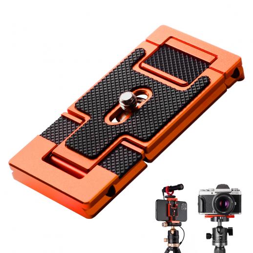 K&F Concept 2 in 1 Piastra Compatta a Sgancio Rapido per Treppiede, Macchina Fotografica, Smartphone e Microfono, con Vite da 1/4", Colore Arancione