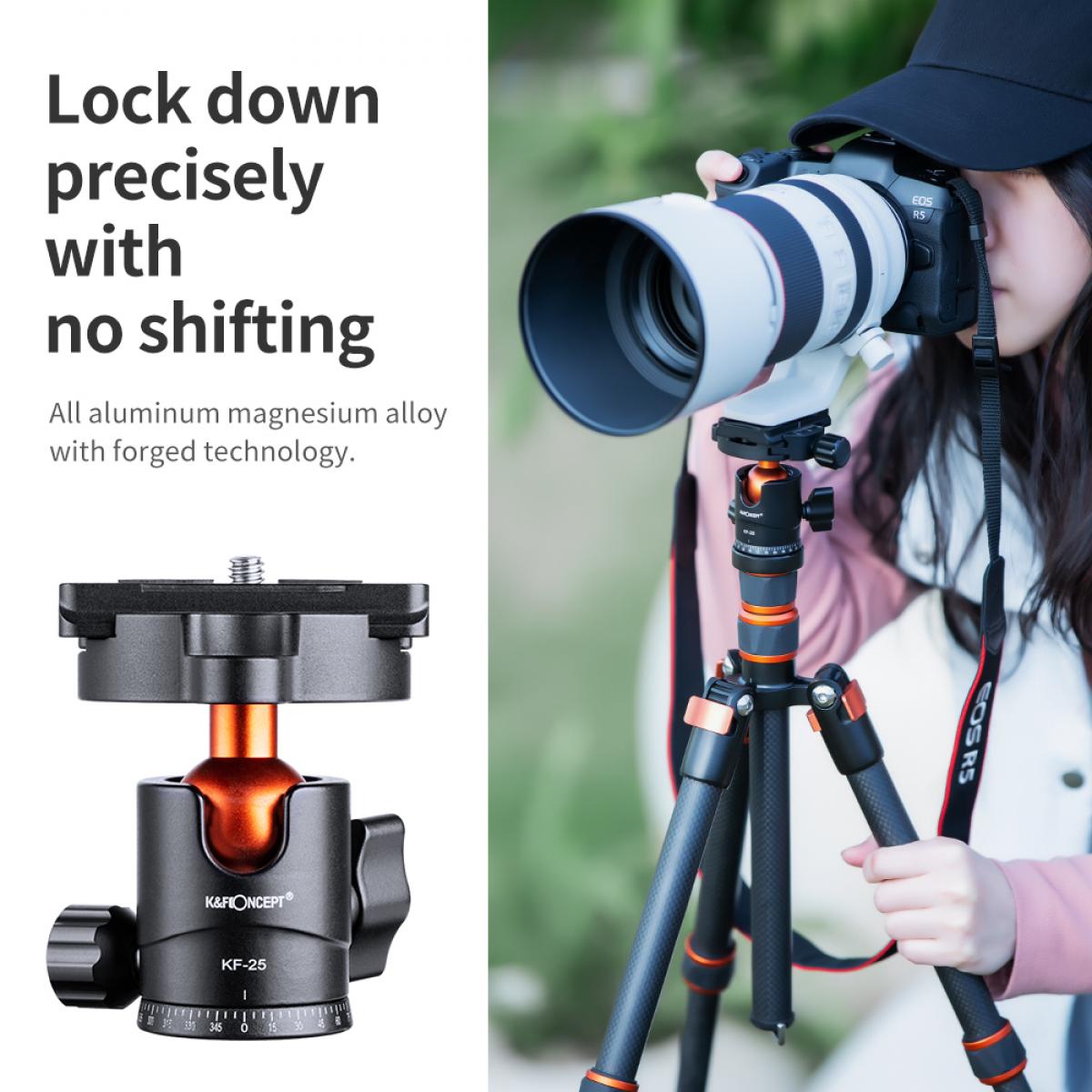 Professionele metalen statiefkogelkop 360 graden roterend panoramisch met 1/4 &quot;schroefdraad en verwijderbare snelkoppelingsplaat, geschikt voor alle spiegelreflexcamera's. Onderste 3/8 schroefgat voor montage van de statiefkop op een statief, mon