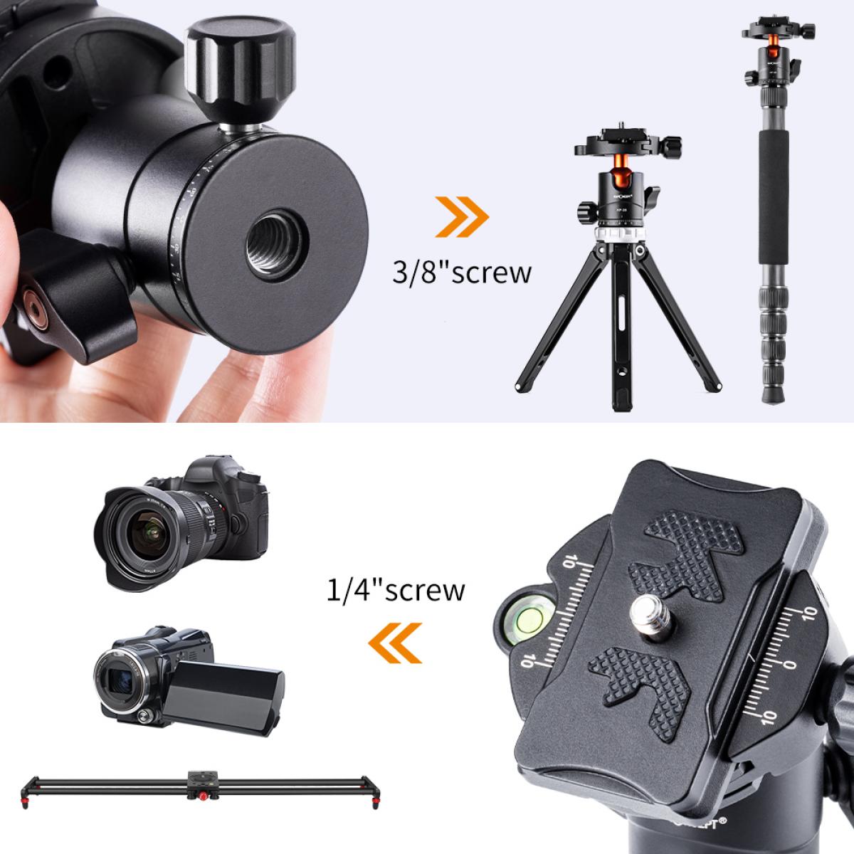 Professionele metalen statiefkogelkop 360 graden roterend panoramisch met 1/4 &quot;schroefdraad en verwijderbare snelkoppelingsplaat, geschikt voor alle spiegelreflexcamera's. Onderste 3/8 schroefgat voor montage van de statiefkop op een statief, mon