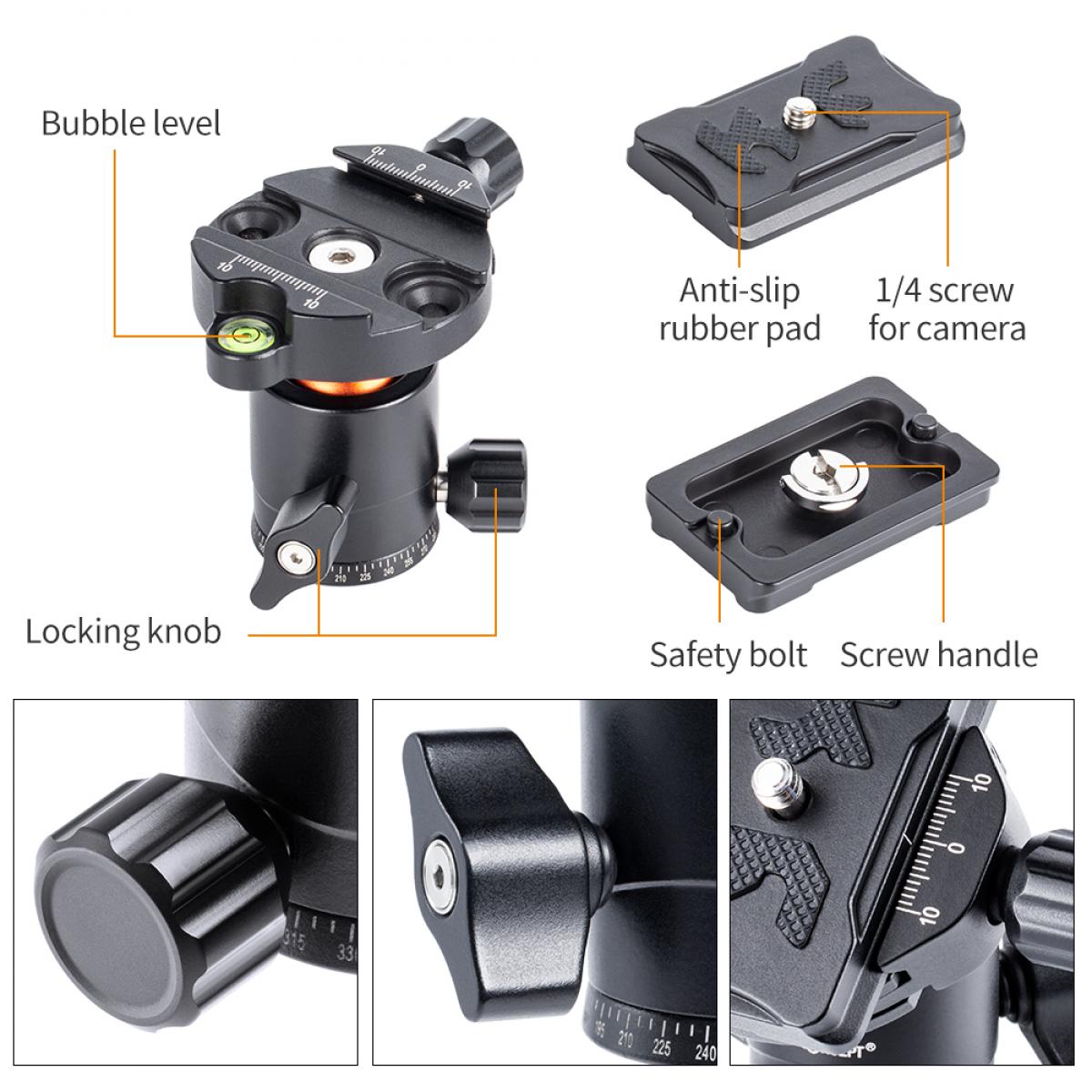 Professionele metalen statiefkogelkop 360 graden roterend panoramisch met 1/4 &quot;schroefdraad en verwijderbare snelkoppelingsplaat, geschikt voor alle spiegelreflexcamera's. Onderste 3/8 schroefgat voor montage van de statiefkop op een statief, mon
