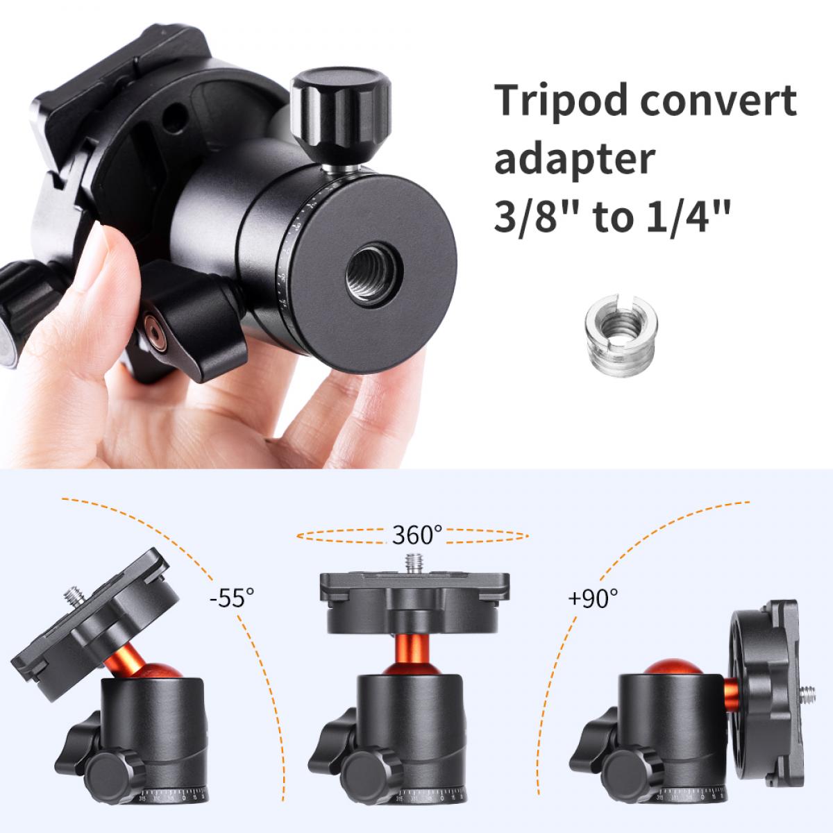 Professionele metalen statiefkogelkop 360 graden roterend panoramisch met 1/4 &quot;schroefdraad en verwijderbare snelkoppelingsplaat, geschikt voor alle spiegelreflexcamera's. Onderste 3/8 schroefgat voor montage van de statiefkop op een statief, mon