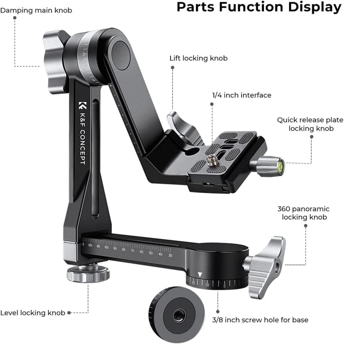 Stativ kardanhode CNC aluminiumslegering Heavy Duty 360° panoramahode med 1/4 tomme Arca-type hurtigutløserplate, lastekapasitet opp til 33lbs/15kg for DSLR-kameraer