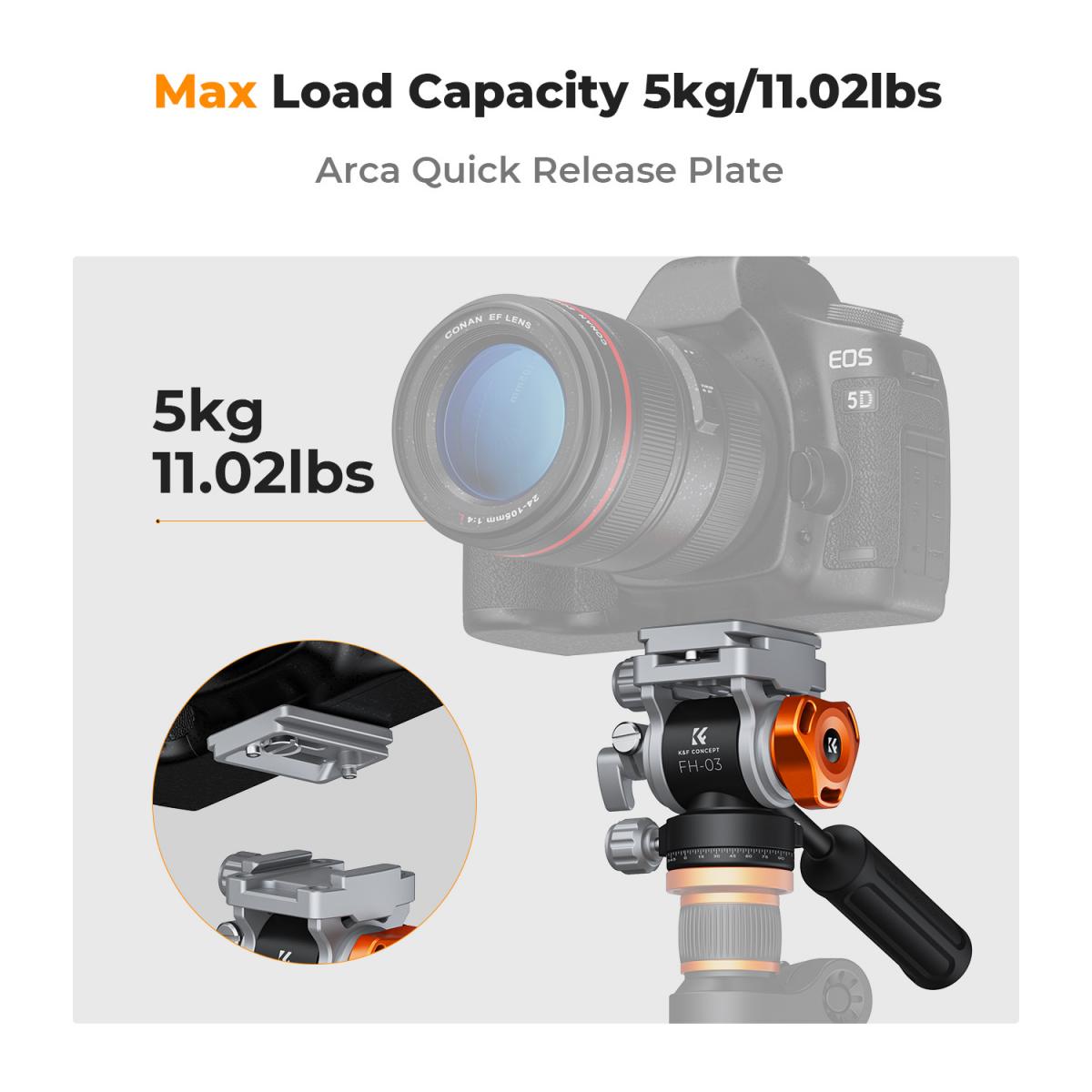 Video Fluid Head Stativhode Maks belastning 11lb/5kg, Silkemyk, Stabil Tripod Fluid Head for panorering og tilt, Arca Swiss-kompatibel væskehodefeste FH-03