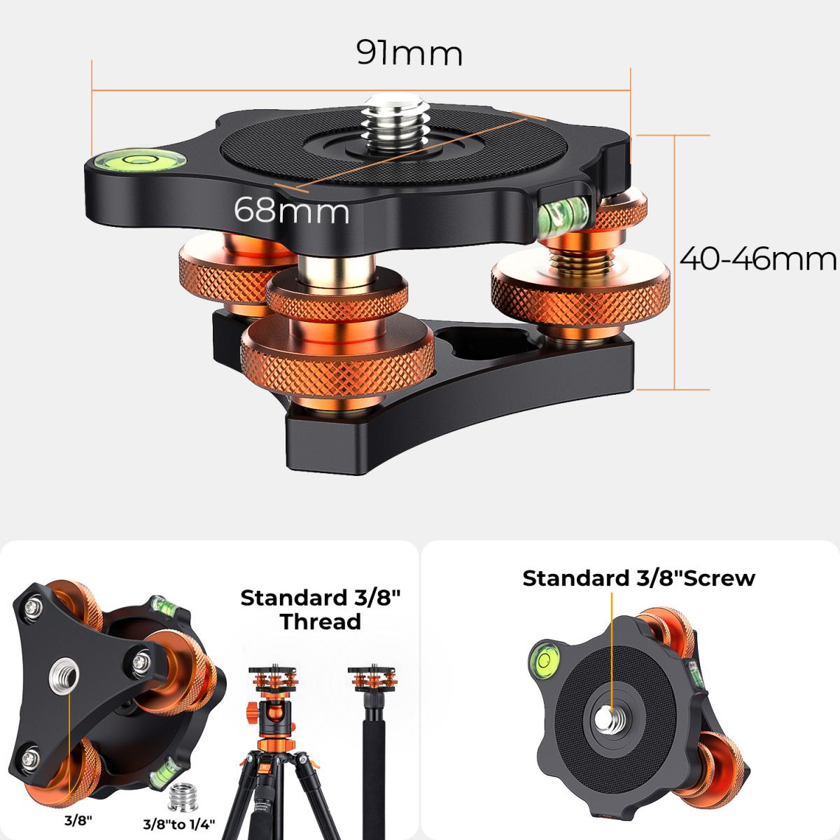 Kamerautjevningsstativ Utjevningsbase Trehjulshode for makrofotografering Aluminium boblenivå 3-aksenivå med +/-5 graders presisjonsjustering for DSLR-kamerarotator Panoramahode 1/4'' til 3/8'' adapterstøtter