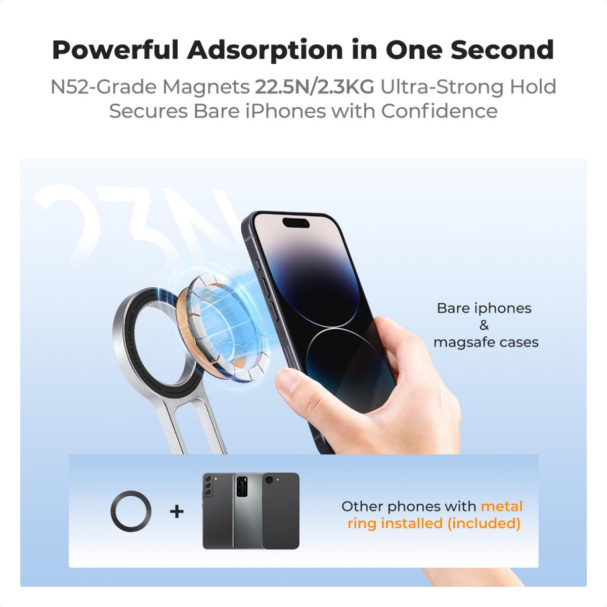 K&F CONCEPT Magnetiskt Telefonstativ, 23N Starkt Magnetiskt Ministativ Aluminiumlegering Fickselfiepinne, Magsäker Telefonhållare Kompatibel med iPhone 17 16 15 14 13 12-serien (Silver)