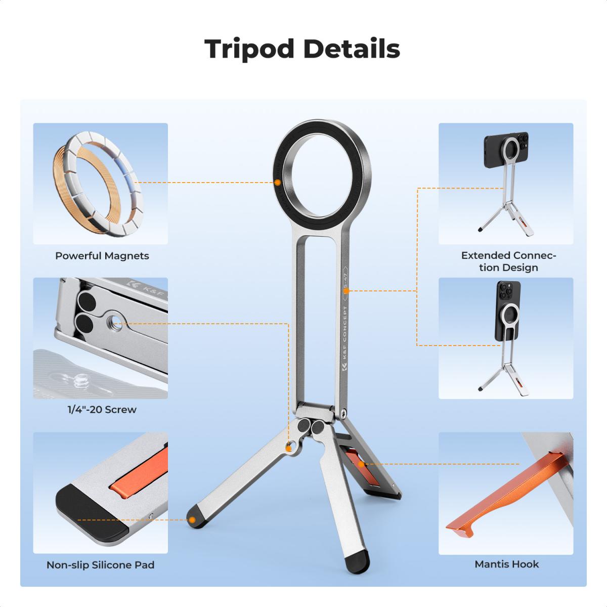 K&F CONCEPT Magnetiskt Telefonstativ, 23N Starkt Magnetiskt Ministativ Aluminiumlegering Fickselfiepinne, Magsäker Telefonhållare Kompatibel med iPhone 17 16 15 14 13 12-serien (Silver)
