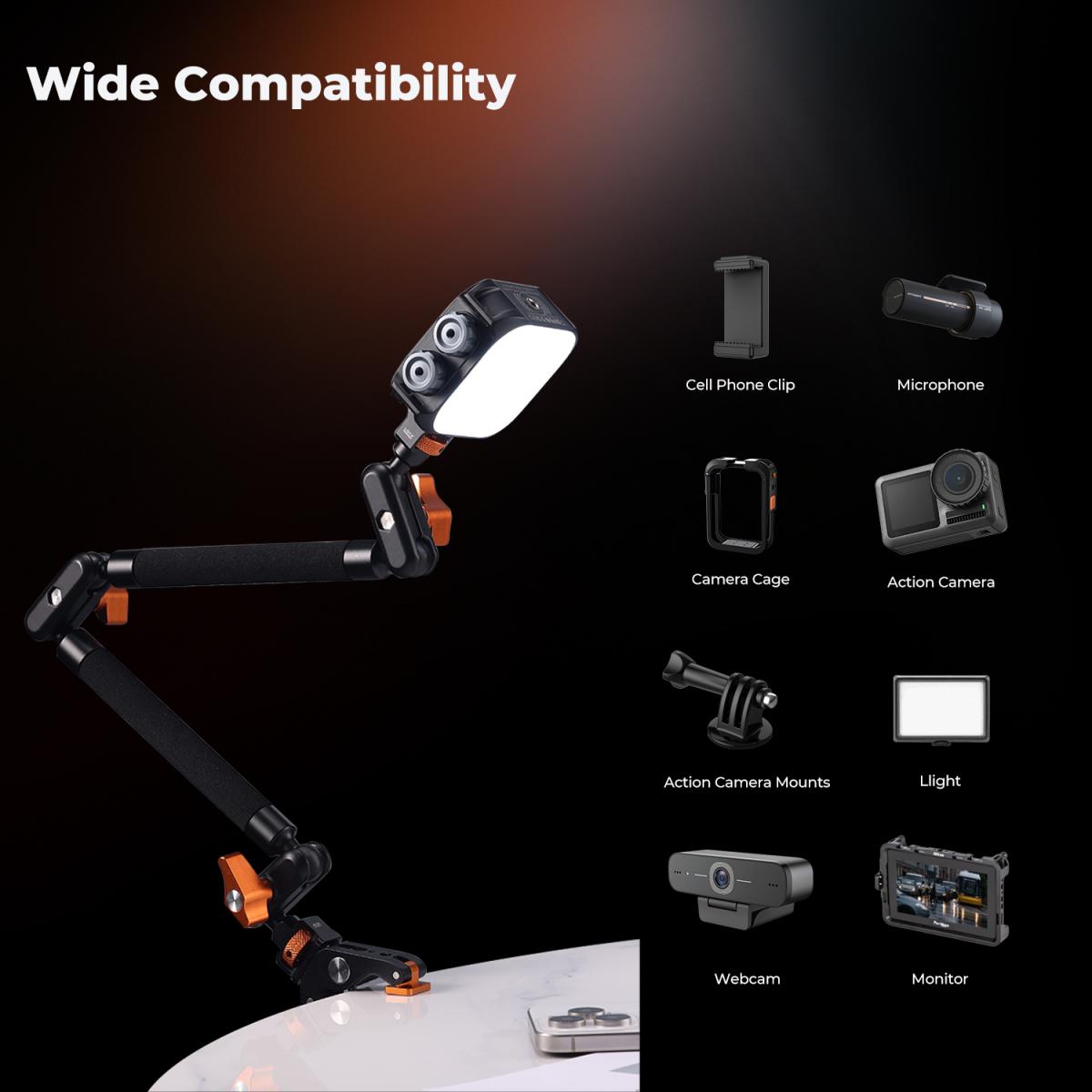 K&F CONCEPT Magic Arm Kit 22" con Morsetto, Braccio Magico per Telefono, Action Cam, Luce LED, Microfono