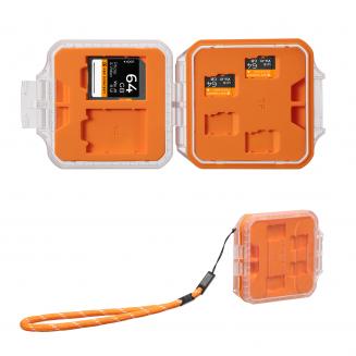 Étui transparent double face pour cartes mémoire avec emplacements personnalisables, étanche et antichoc, pour 2 cartes CF-A, 2 cartes SD et 8 cartes Micro SD/TF. Cordon orange inclus.