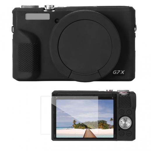 Funda protectora de silicona para Canon G7X III con protector de pantalla, antiarañazos, resistente a golpes, suave, color negro