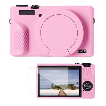 Étui de protection en silicone rose avec film protecteur d'écran pour Canon G7X III, anti-rayures et antichoc.