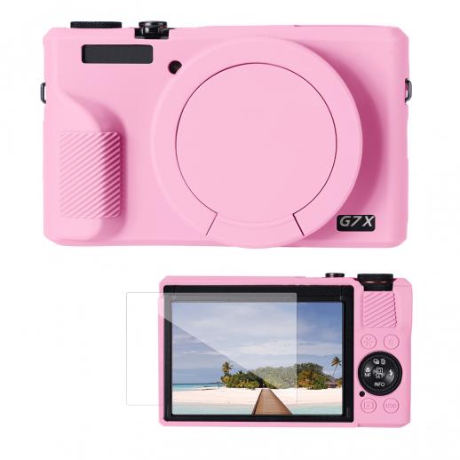 Funda protectora de silicona para Canon G7X III con protector de pantalla, antiarañazos, resistente a golpes, suave, color rosa