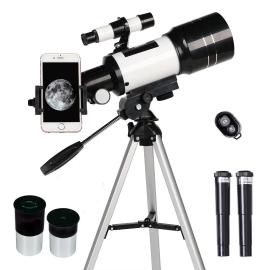 15X-150X Telescopio Astronómico Refractor Portátil de 70 mm con Soporte para Teléfono, Trípode y Mando Bluetooth, Distancia Focal de 300mm