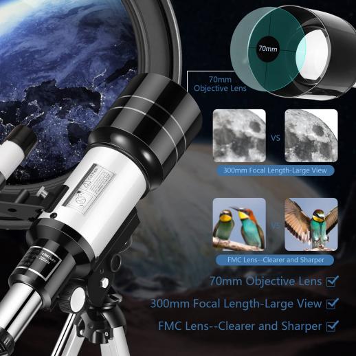 Télescope Astronomique Réfracteur Portable 70 mm (15X-150X) avec Support de  Téléphone,Trépied Réglable et Télécommande Bluetooth pour Adultes, Enfants  et Débutants en Astronomie - Reviews
