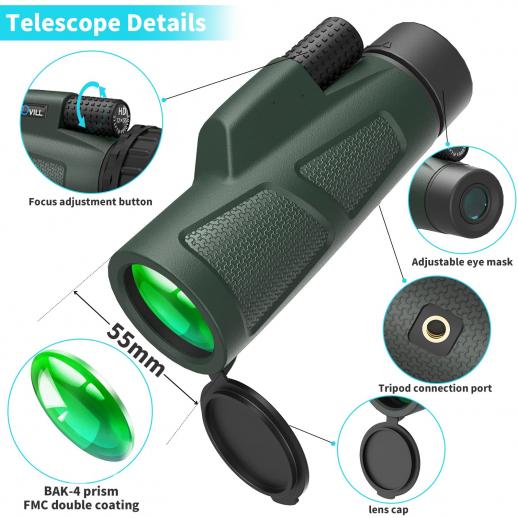 Hiking Camping 12X50 HD Monocular with Smartphone Holder & Tripod High Power Zoom BAK4 Prism Dual Focus & FMC Waterproof Monocular for Bird Watching Green Monocular Telescope for Adults 