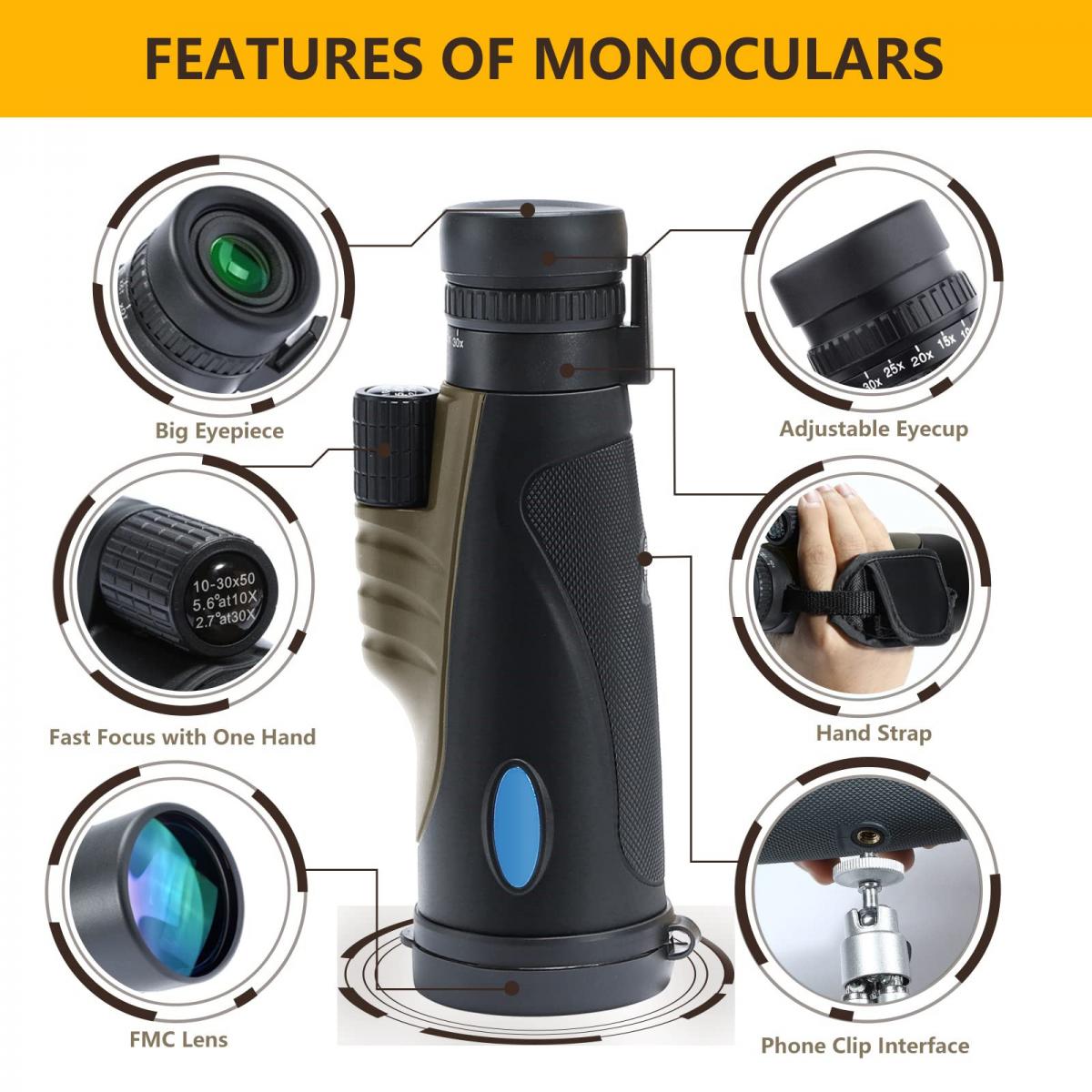Monocular, 1030x50 HD High Power Zoom Monocular with Smartphone