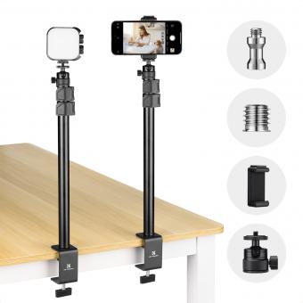K&F CONCEPT 37–90 cm C-klemme skrivebordsstativ (2-pakning) med kulehode, lysstativadapter og telefonholder, kompatibel med kameraer, LED-lys, smarttelefoner, ideell for videoopptak, direktestrømming